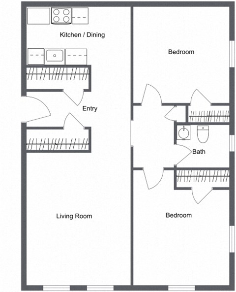 a floor plan of a 2 bedroom 1 bath apartment with a living room and a dining room